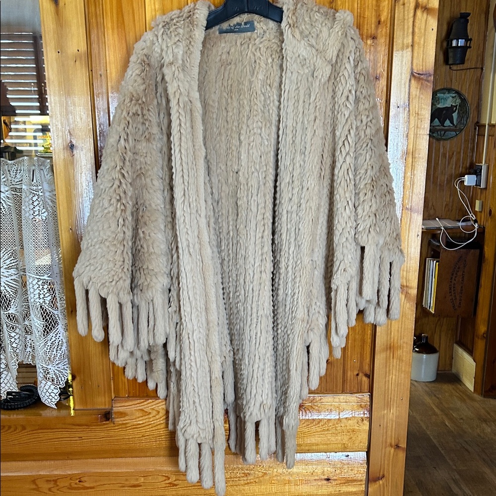 Cozy Tan Knit Hooded Cape with Fringe